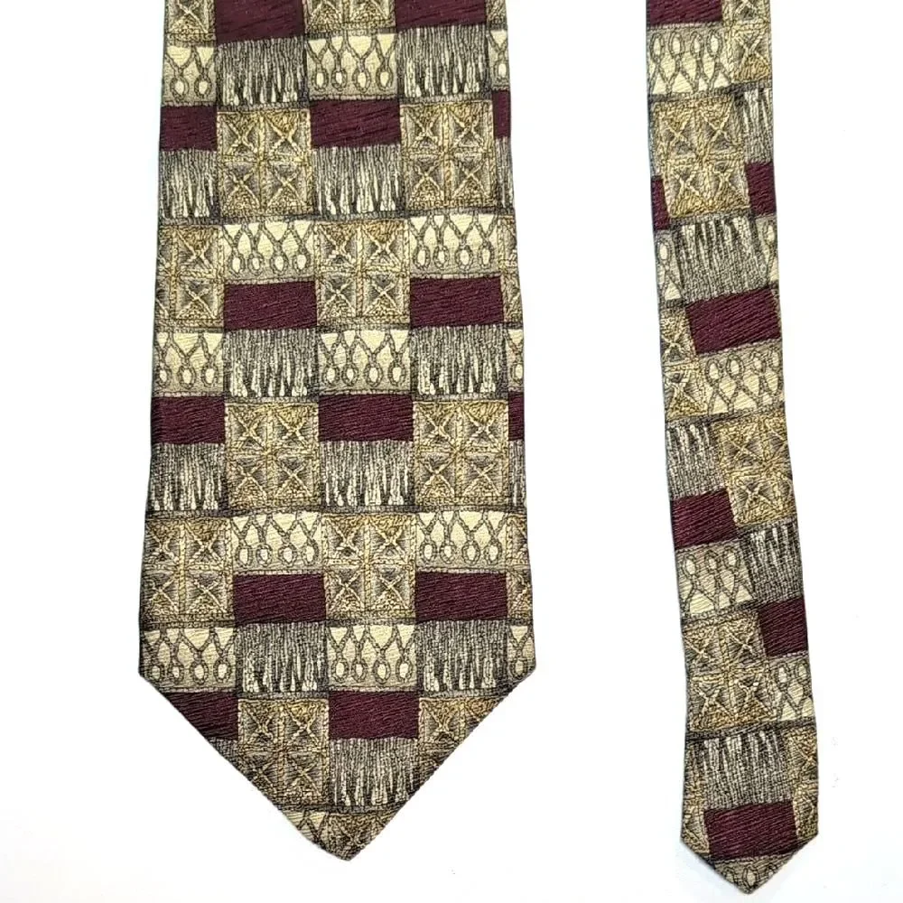 Mulberry Burgundy and Gold Patterned Italian Silk Tie